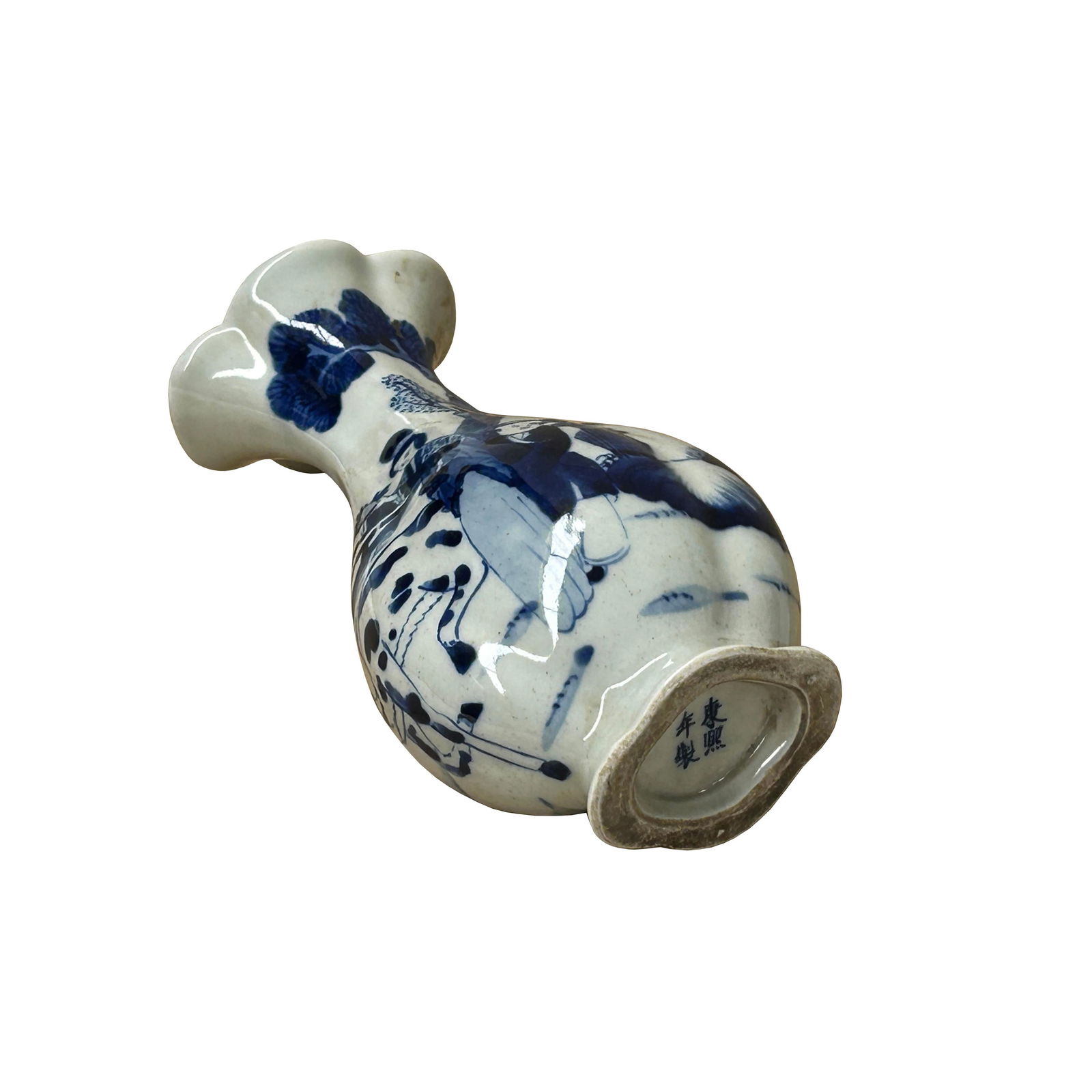 Oriental Small Blue White Scenery Graphic Flower Shape Porcelain Art Vase - 8