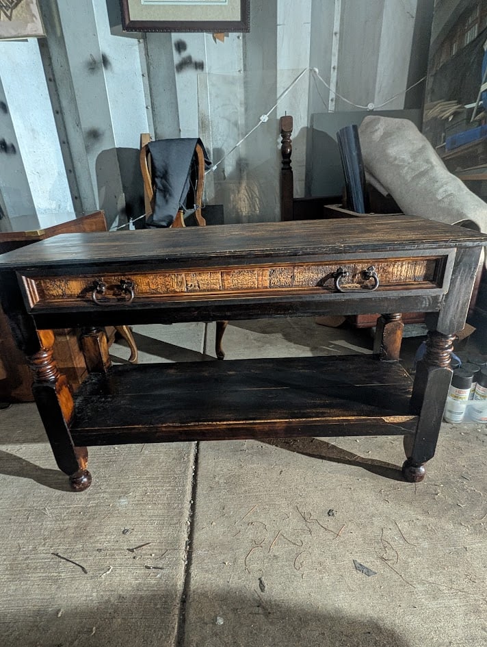 MId 20th Century Rustic Distressed Black Wood Console Table With Drawer and Equestrian Ring Pulls - 3
