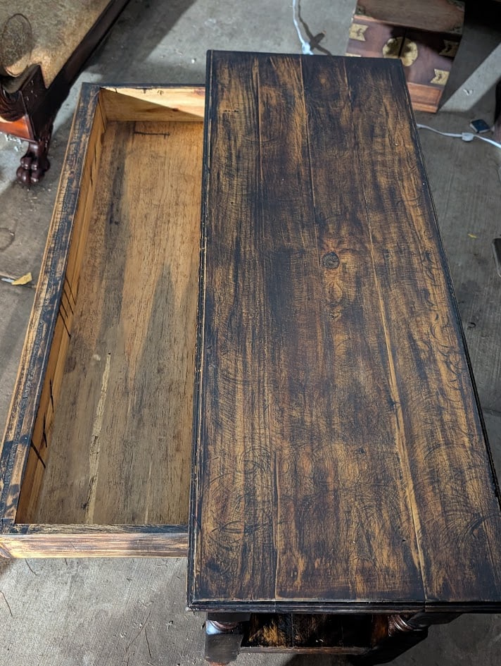 MId 20th Century Rustic Distressed Black Wood Console Table With Drawer and Equestrian Ring Pulls - 6