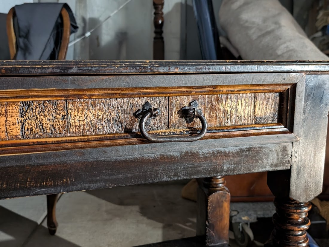 MId 20th Century Rustic Distressed Black Wood Console Table With Drawer and Equestrian Ring Pulls - 9