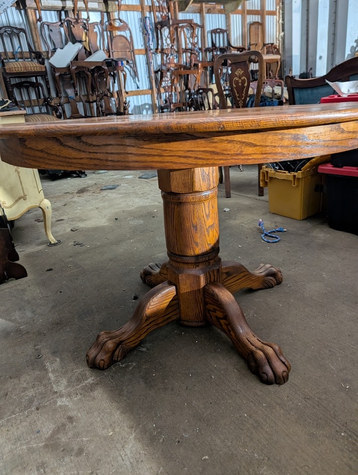 Vintage Oak Round Pedestal Dining Table With Claw Feet - 2