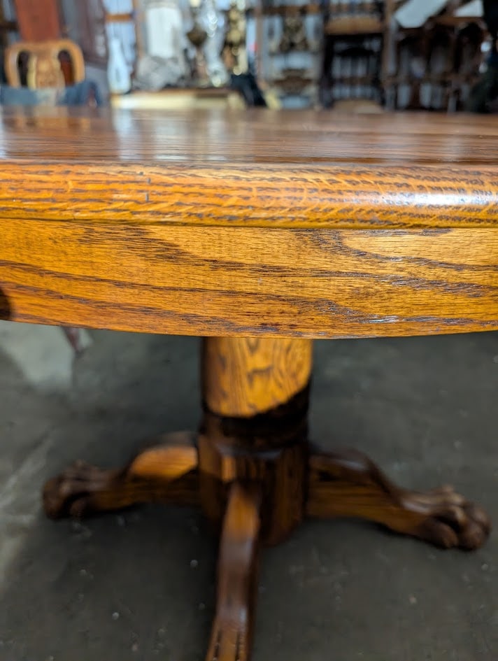 Vintage Oak Round Pedestal Dining Table With Claw Feet - 7