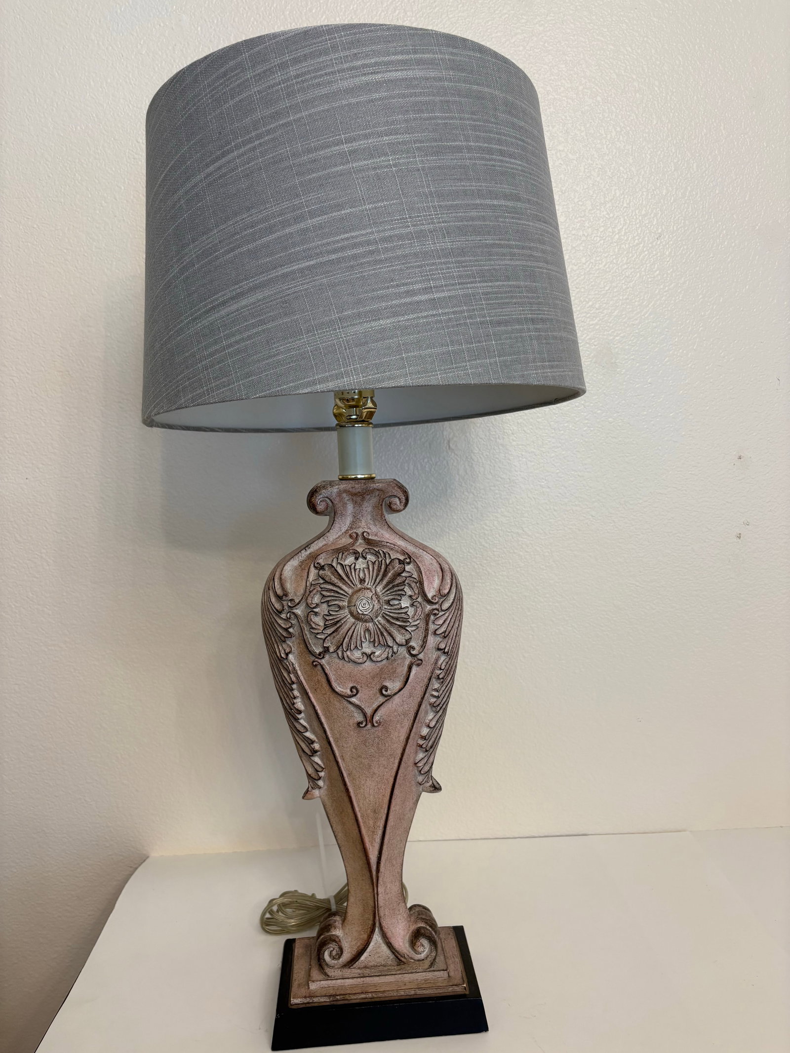 Vintage Pink Rose' Patterned 3-Way Lamps With Grey Shades- a Pair - 3