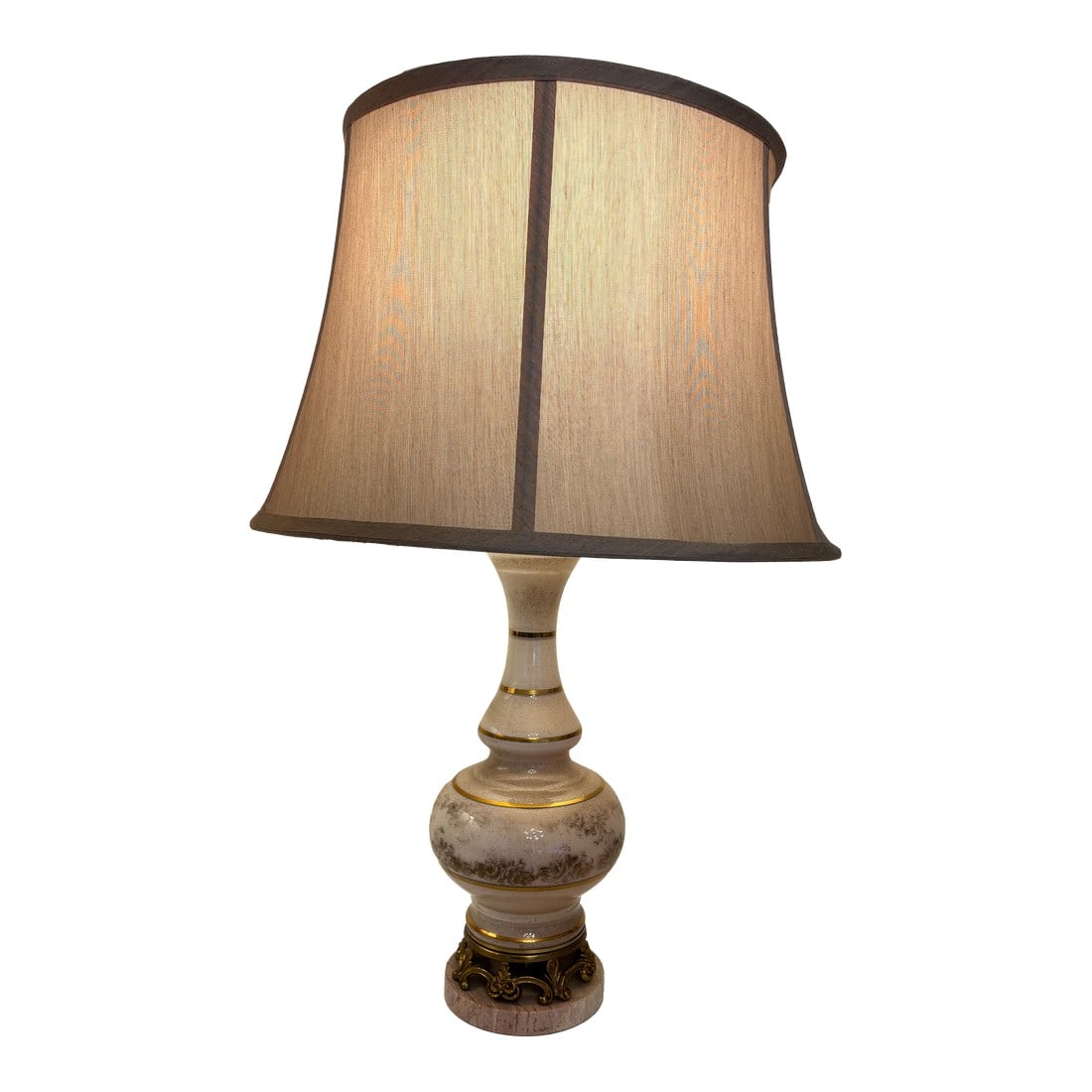 1950s Hollywood Regency Brass, Glass and Marble 3-Way Lamps - a Pair: These darling 27" tall by 16 1/2" wide and deep lamps are from the Hollywood Regency period of the 1950's era. They base of these lamps are made of glass; trimmed with gold trim and have been hand