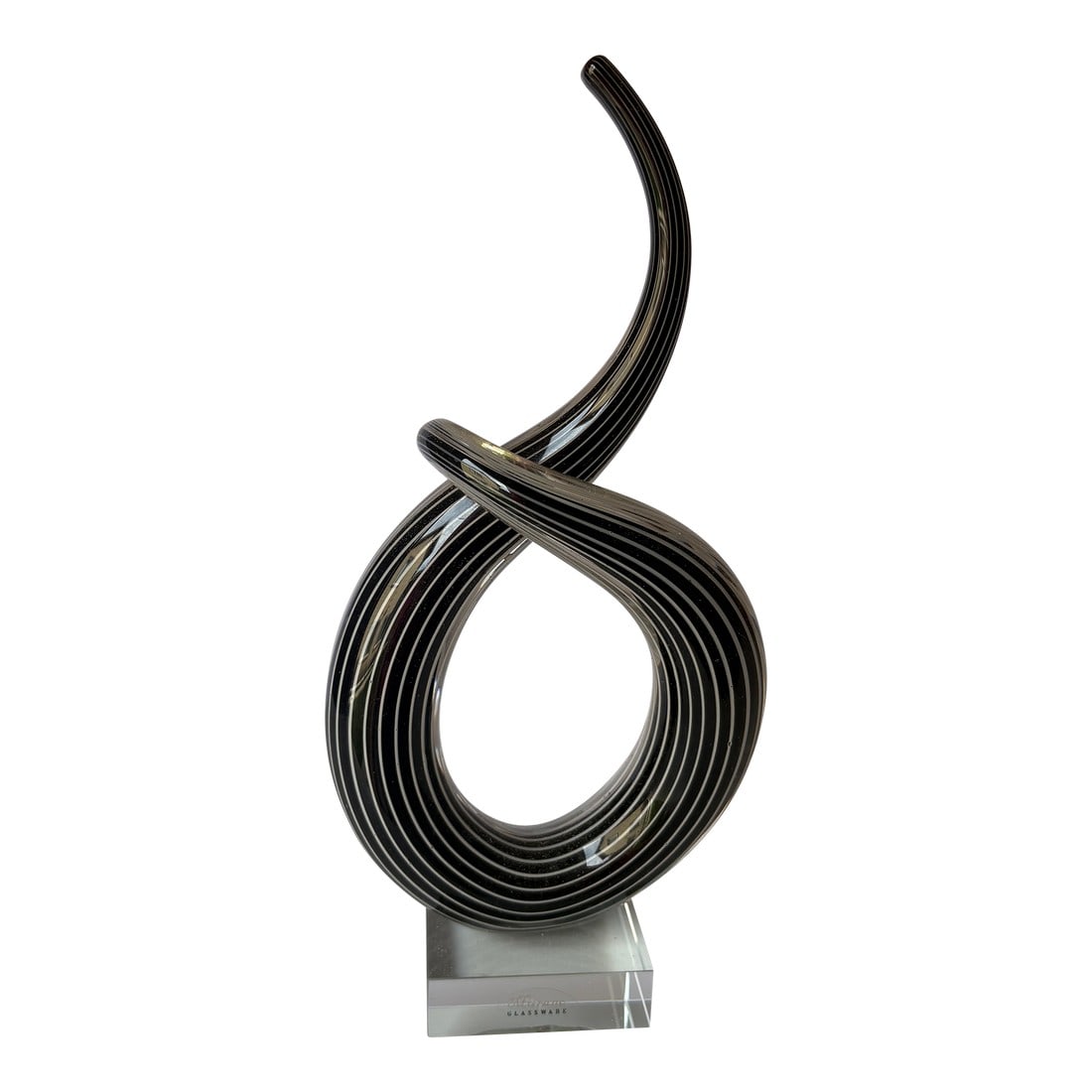 Murano Vintage Hand Blown Glass Sculpture, Twisted Ribbon Love Knot on a Clear Crystal Base: Standing 10 inches high by 4 1/2 wide and by 2 1/2 deep this Love Knot hand blown glass Murano sculpture from Venice made during the 1960's is a way to show how " Quantum entanglement love" looks