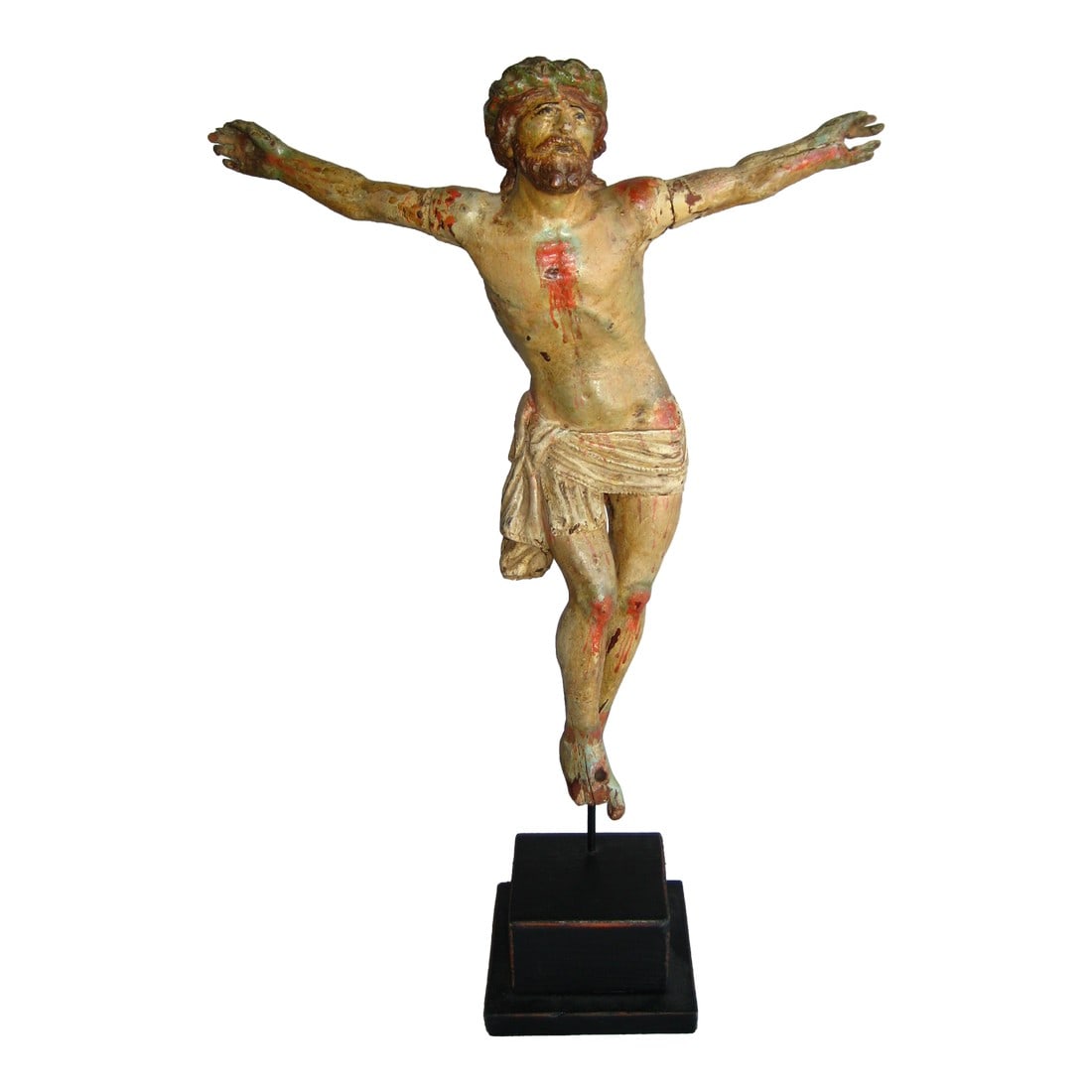 Italian 18 Century Painted Christ on Stand: This Christ carved wood can be date from the 1700 hundreds in the Baroque Italian style , you what seems to be the original polychromie , notice the extreme attention to details like the expression ,
