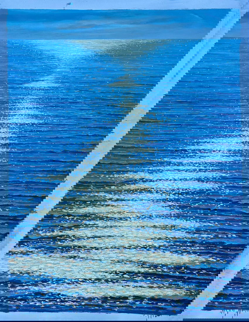 Moonpath "” Seascape Original Oil Painting, Unstretched, by Samuel H.: Original oil on canvas, unstretched, by artist Samuel H. The artist masterfully captures the magic of moonlight "” or perhaps late-day sun "” as it cascades across the water's surface in
