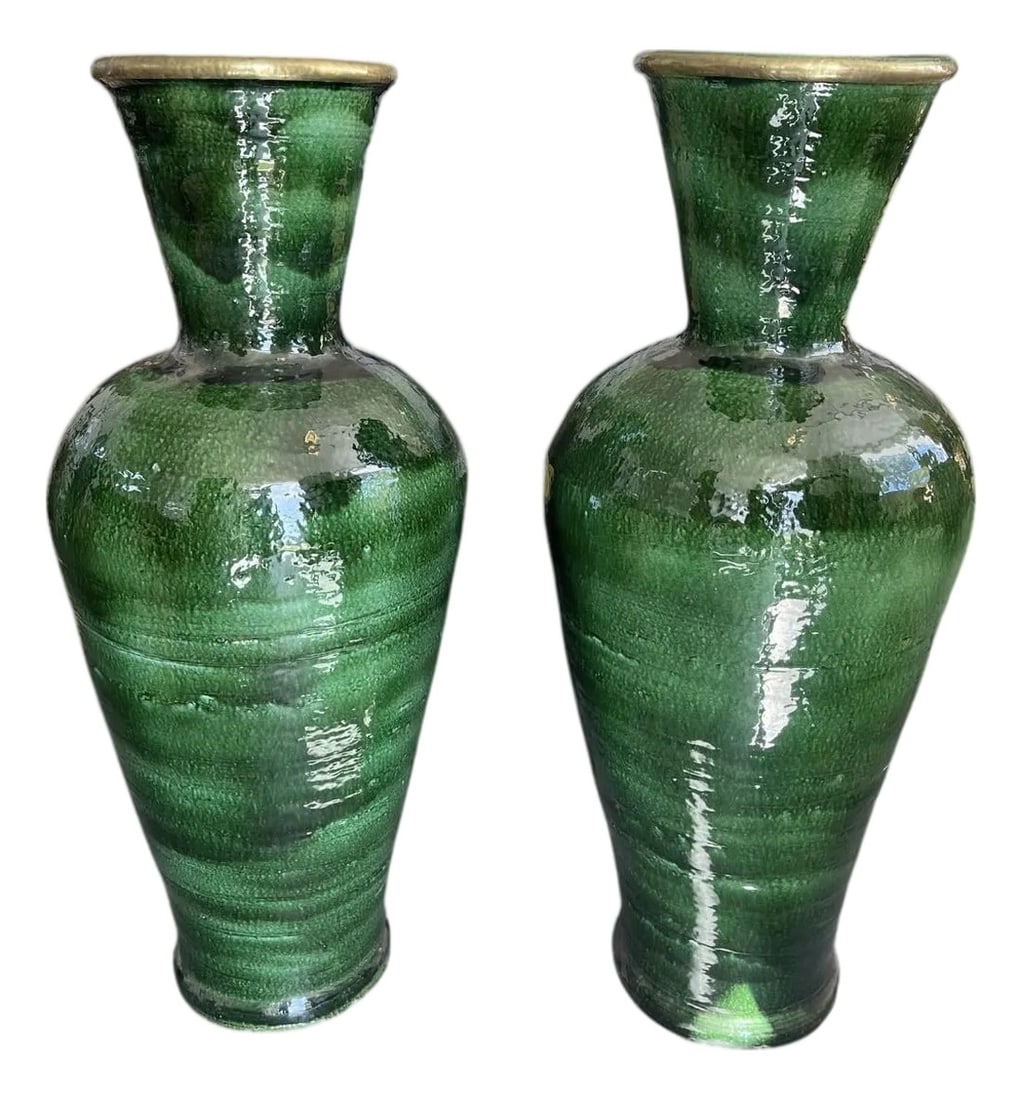 Pair of Massive 38" Hand-Glazed Emerald Green Moroccan Terracotta Vases (1 of 9)