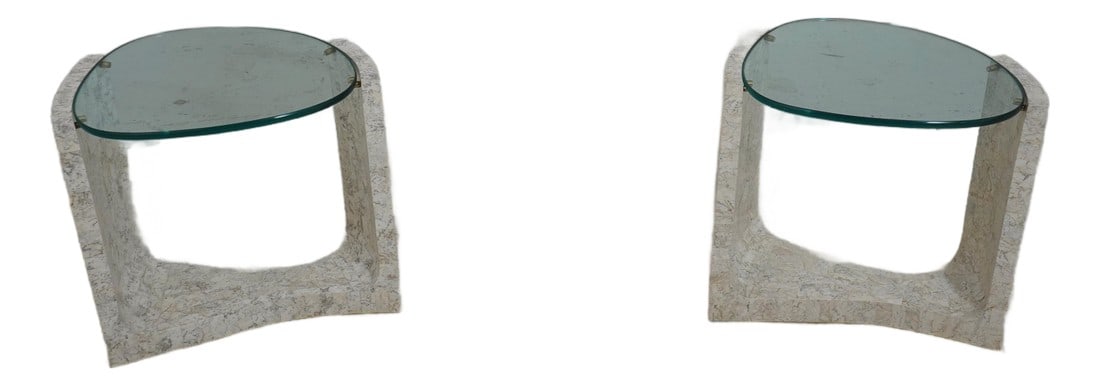 Pair Maitland Smith Modern Design Marble & Glass End Tables: Age: Approx: 20 Years Old Details: Quality Construction Modern Design Tessellated Marble Overlay Bases Thick Glass Top See Other Offerings For Matching Coffee Table Un-Marked As To Manufacture