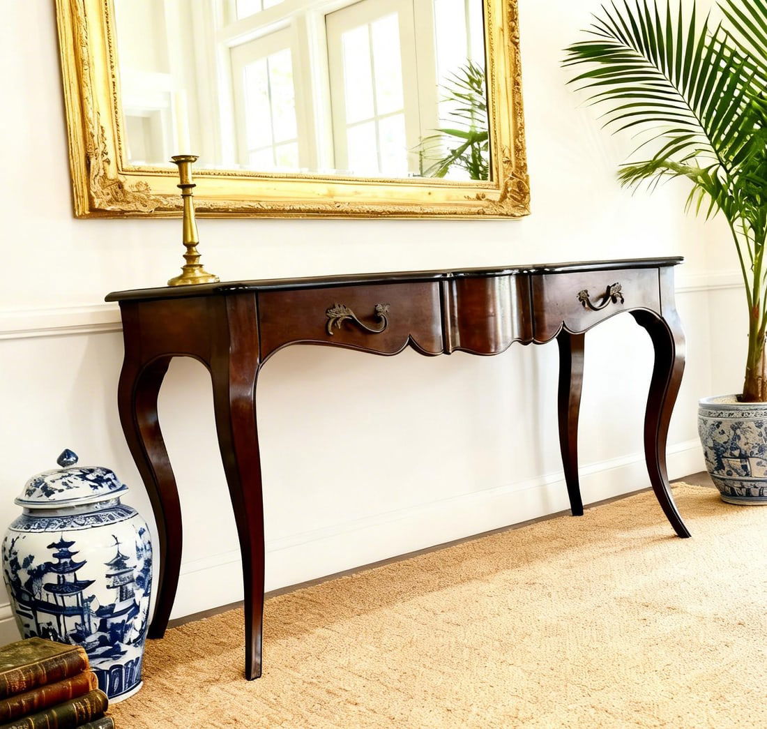Vintage French Provincial Serpentine Console Table With Cabriole Legs & Drawers - 3