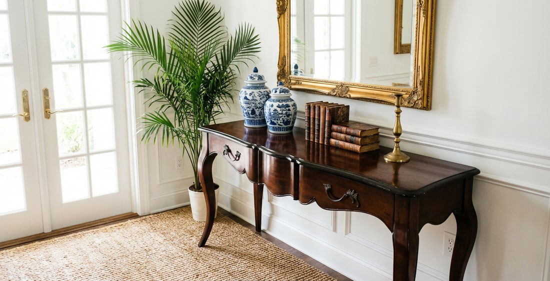 Vintage French Provincial Serpentine Console Table With Cabriole Legs & Drawers - 4