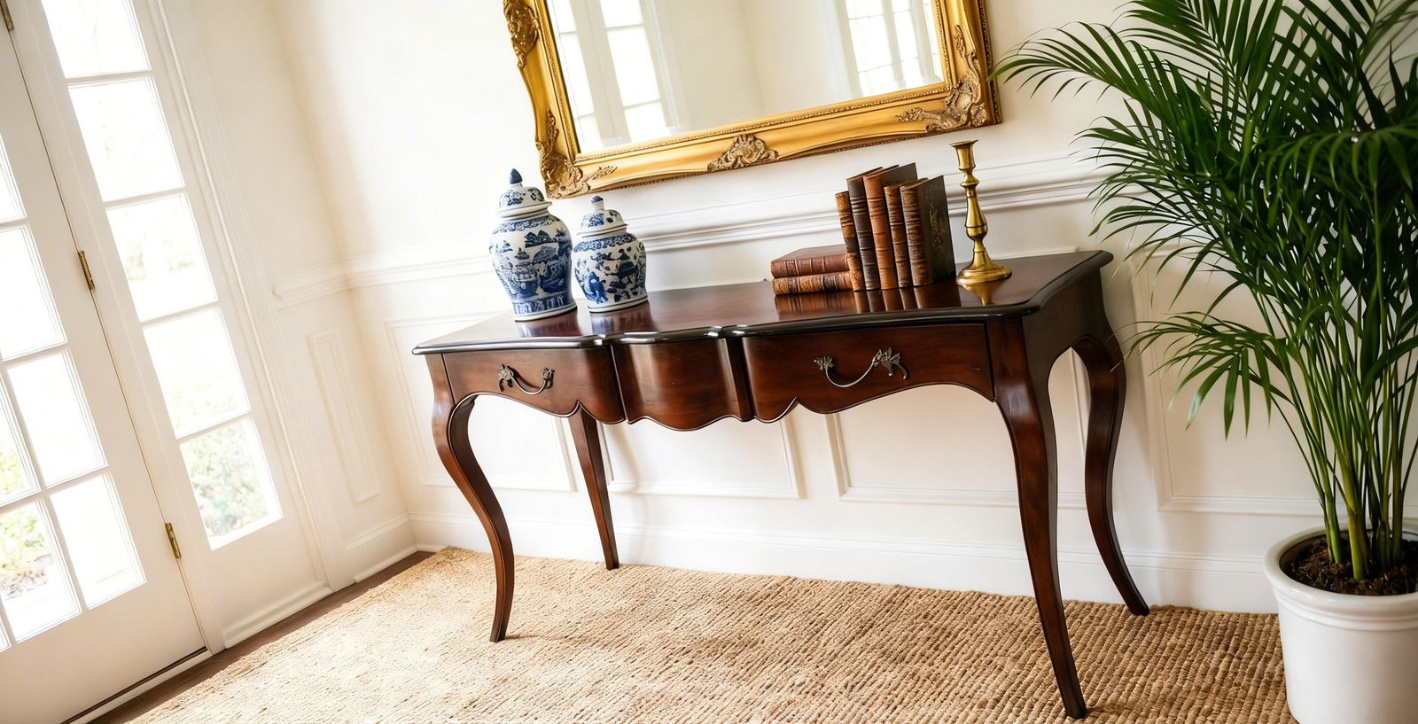 Vintage French Provincial Serpentine Console Table With Cabriole Legs & Drawers - 5