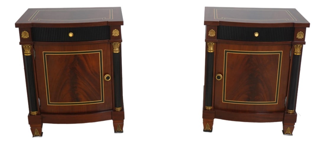 Pair Italian Versace Mahogany Nightstands: Age: Approx: 20 Years Old Details: Versace Design Quality Construction Green & Satinwood Inlays Ebonized Black Columns & Drawer Front Gorgeous Figural Nice Ormolu Mounts Condition: Excellent Clean Ori