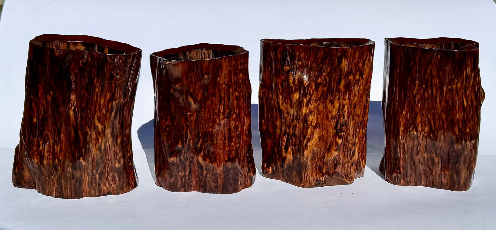 Set of Four Chinese Burl Root Wood Brush Pot Vessels, Scholar's Desk Accessories - 2