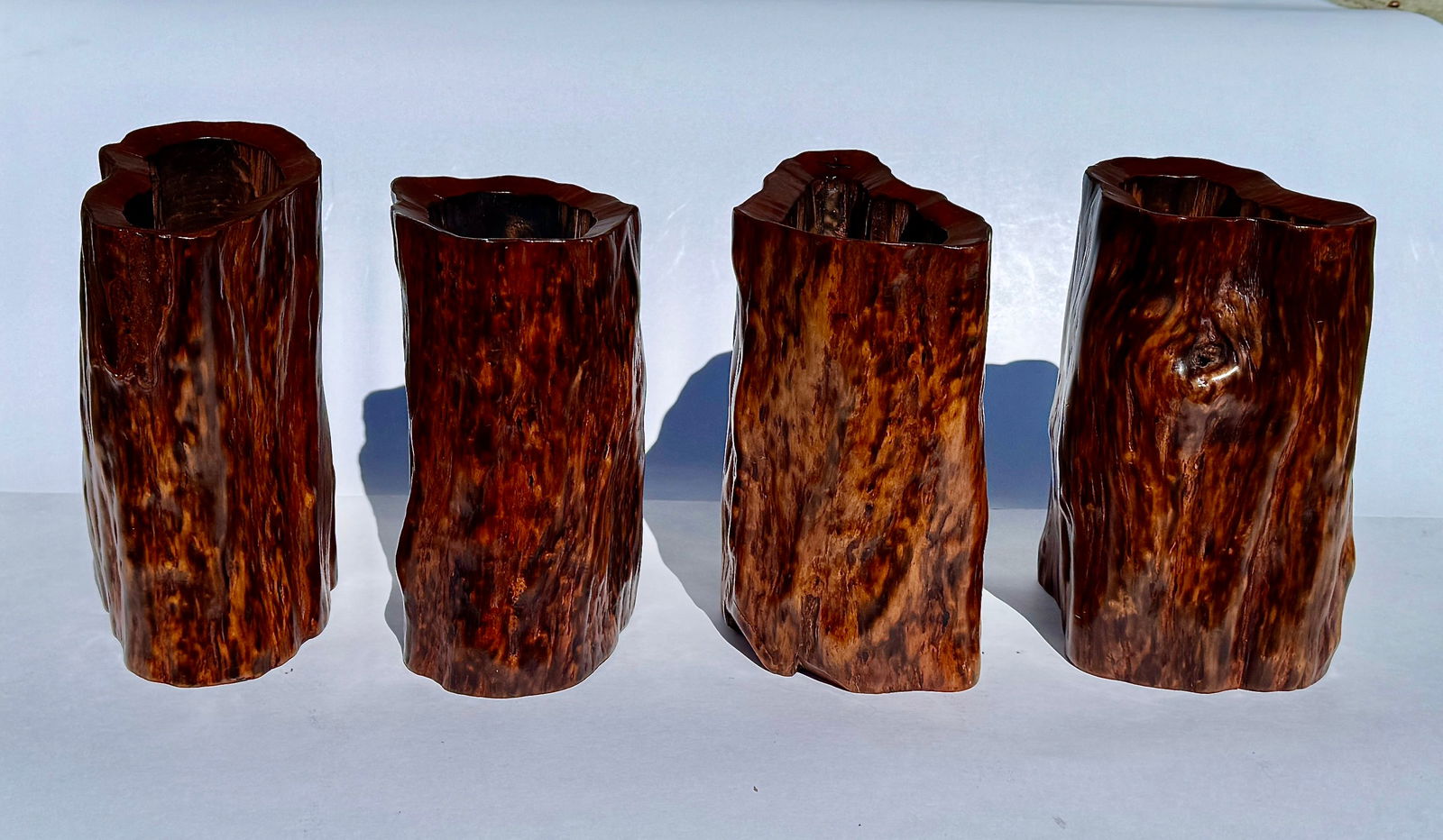 Set of Four Chinese Burl Root Wood Brush Pot Vessels, Scholar's Desk Accessories - 3