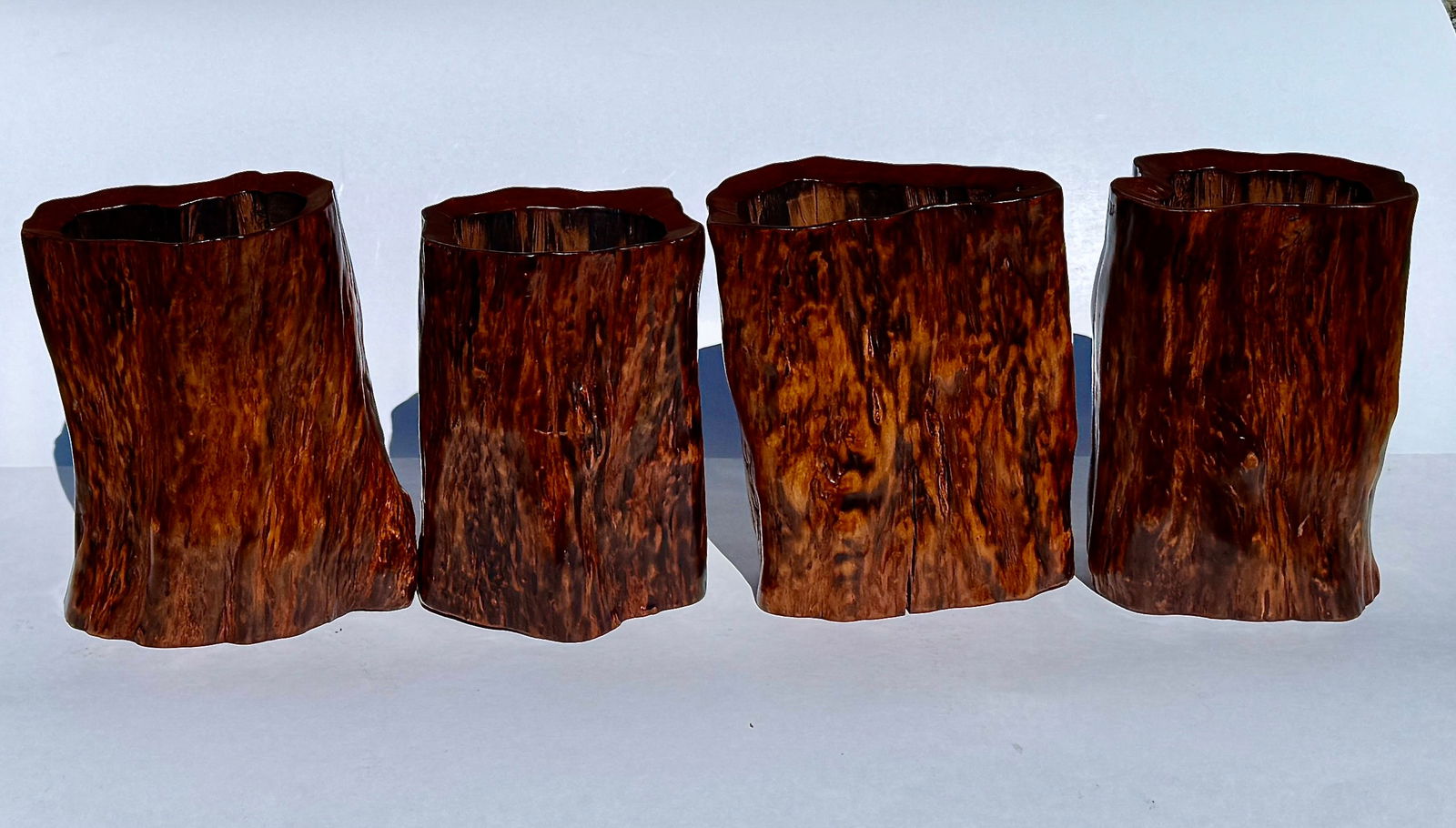 Set of Four Chinese Burl Root Wood Brush Pot Vessels, Scholar's Desk Accessories - 4