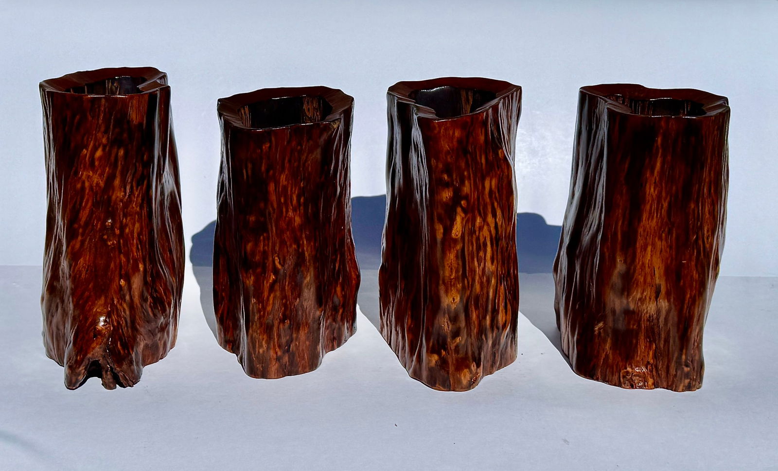 Set of Four Chinese Burl Root Wood Brush Pot Vessels, Scholar's Desk Accessories - 5