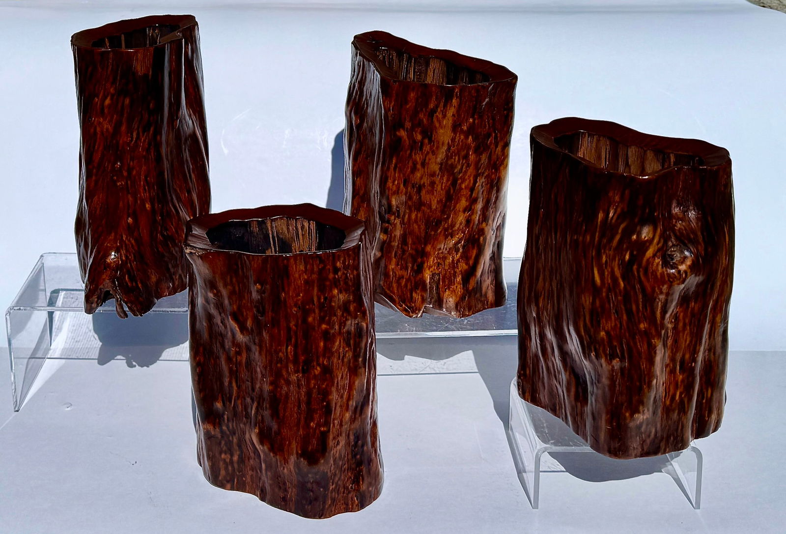 Set of Four Chinese Burl Root Wood Brush Pot Vessels, Scholar's Desk Accessories - 6