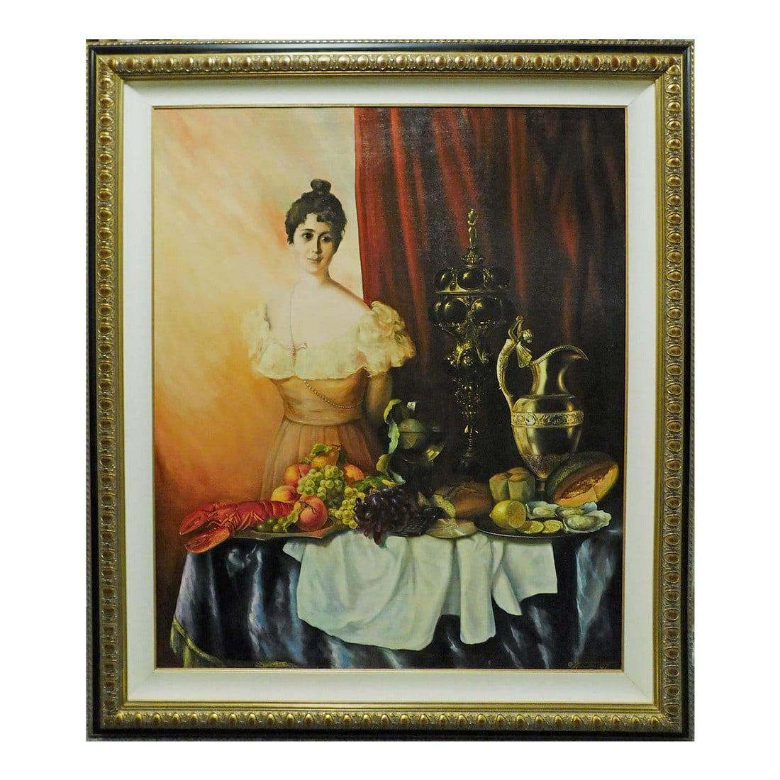 Fazly (Fazoil Ataullakhanov) "Portrait With Still Life" Original Oil Painting: Portrait with Still Life by Fazly Original Oil on Canvas Hand signed by the artist Image Size: 53" x 43" Framed Size: 68"x 55" Museum mounted, matted and custom framed Condition: Mint Gallery Retail