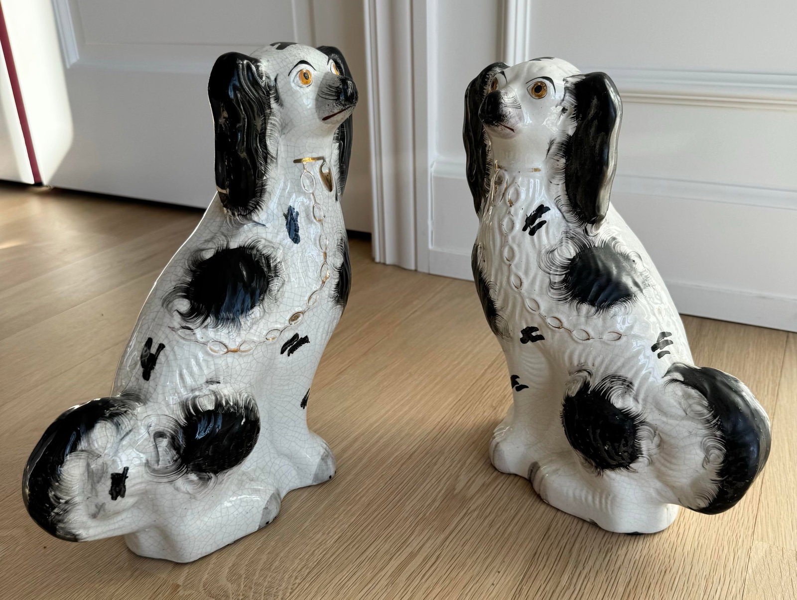 Antique Late 19th Century Large English Staffordshire Black & White Spaniels - A Pair - 2