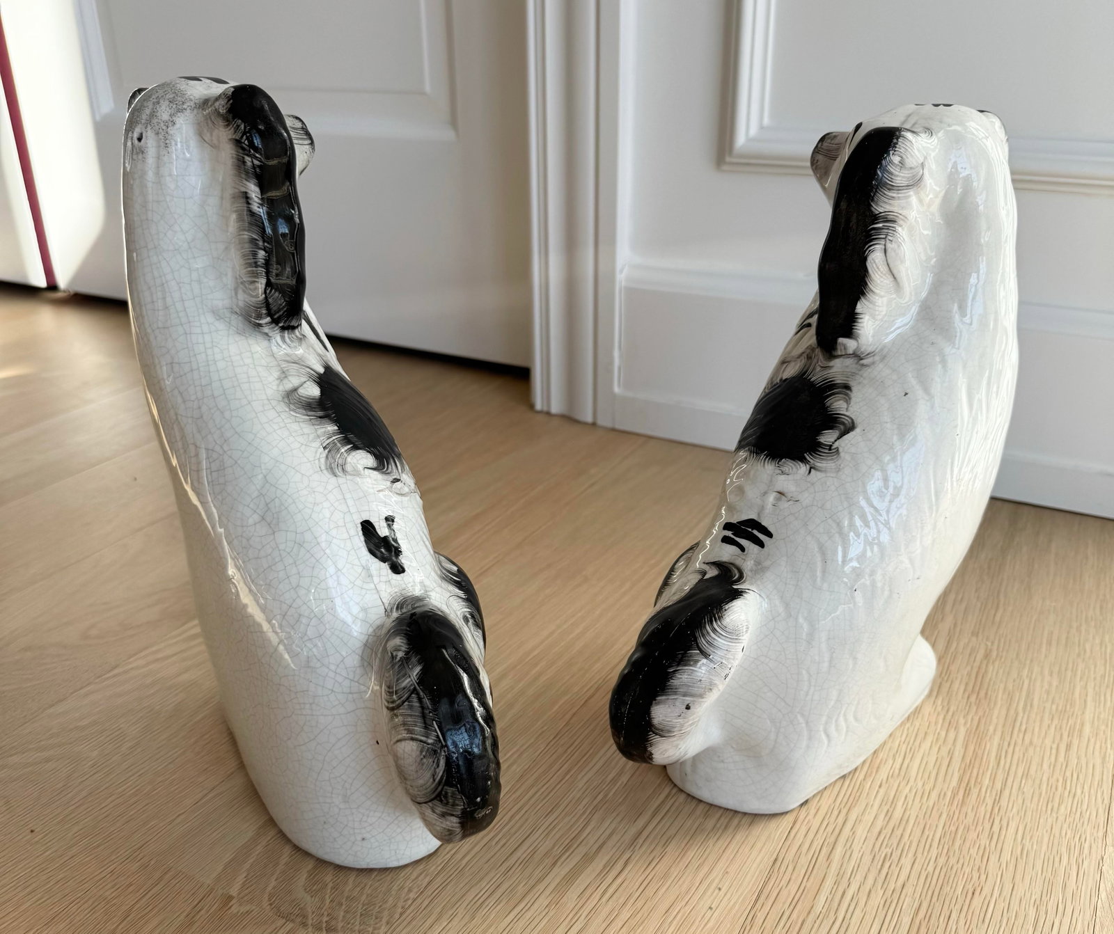 Antique Late 19th Century Large English Staffordshire Black & White Spaniels - A Pair - 3