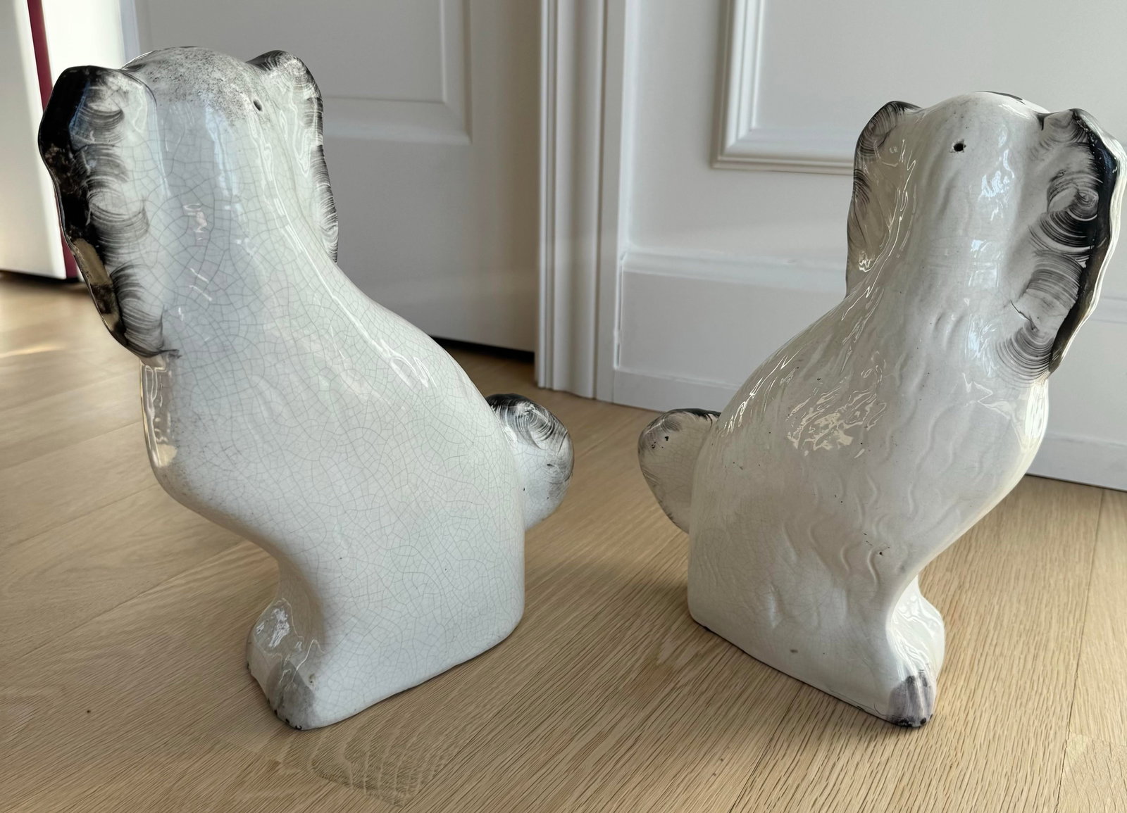 Antique Late 19th Century Large English Staffordshire Black & White Spaniels - A Pair - 4