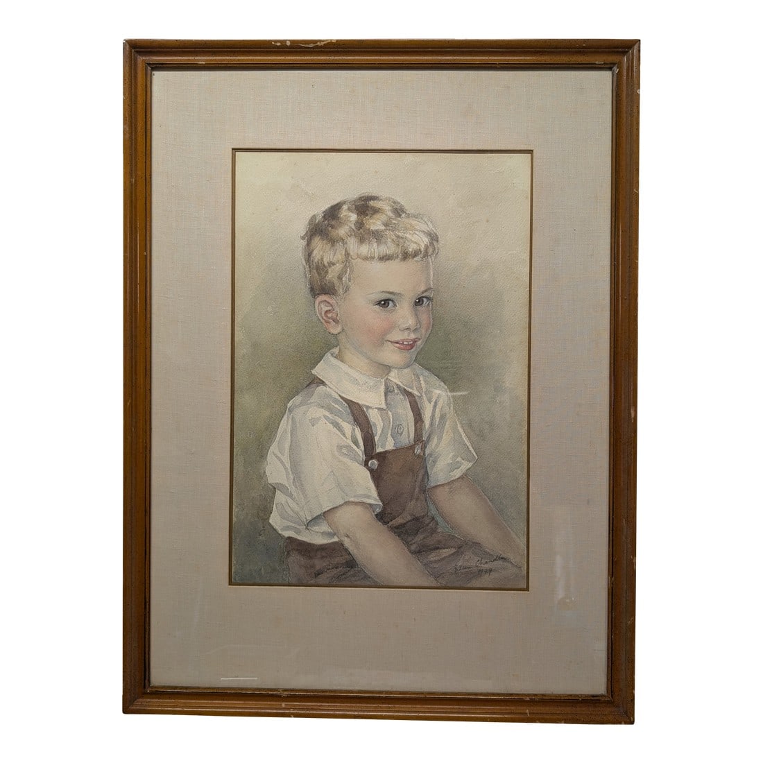 1940s "Portrait of a Young Boy" Watercolor on Paper by Eileen Chandler: Eileen Chandler (British, 1904-1988) "Portrait of a Young Boy," 1949, watercolor on paper, pencil signed and dated lower right, overall (with frame): 32"h x 24 1/4"w. Artwork itself is (as matted)