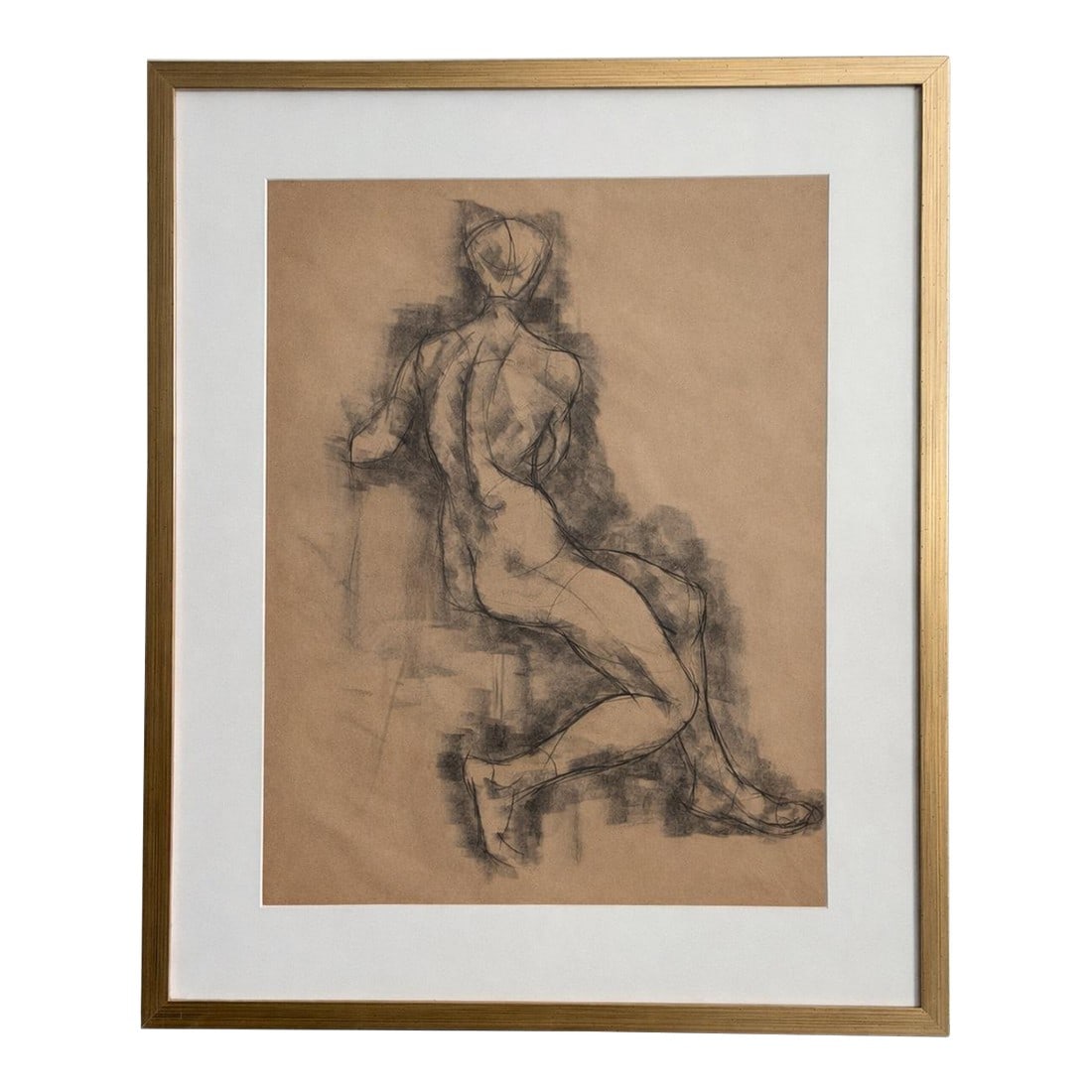Original Charcoal Seated Nude Figure Study on Toned Paper, Mid-Century Framed Art I: Expressive mid-century charcoal figure study depicting a seated nude female form, rendered with loose gestural lines and smoky tonal shading. The composition captures the movement and weight of the