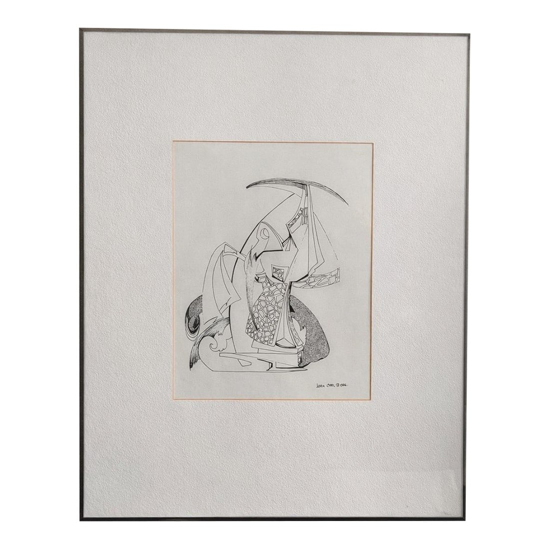 Original Framed Art "Queen & Her Parrot" Signed Joan Carl Ink Drawing, 1986 Art Deco Revival Fig: Original signed ink drawing titled "Queen & Her Parrot" by Los Angeles artist Joan Carl (1926–2021), dated 1986. Executed in crisp black ink on paper, the composition features a stylized queen