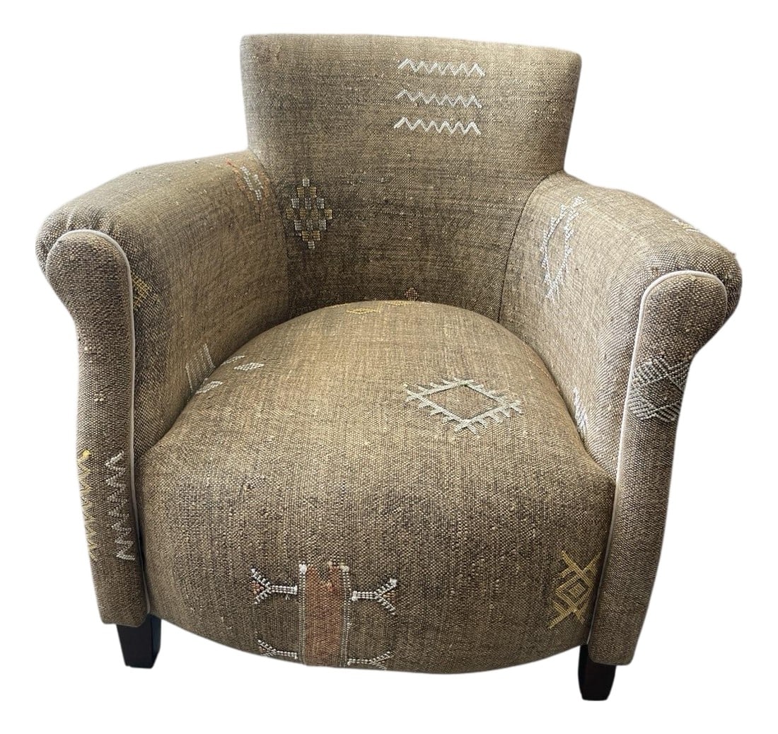 Handcrafted Moroccan Sabra Silk Club Chair - Marrakech: This Handcrafted Moroccan Sabra Silk Club Chair is a stunning blend of traditional North African craftsmanship and mid-century modern silhouette. Sourced directly from Marrakech, it serves as a
