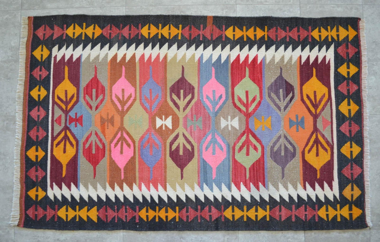 3x5 Ft Vintage Turkish Kilim Rug, Village Flat Weave, Natural Dyes, Multicolor Area Rug - 13
