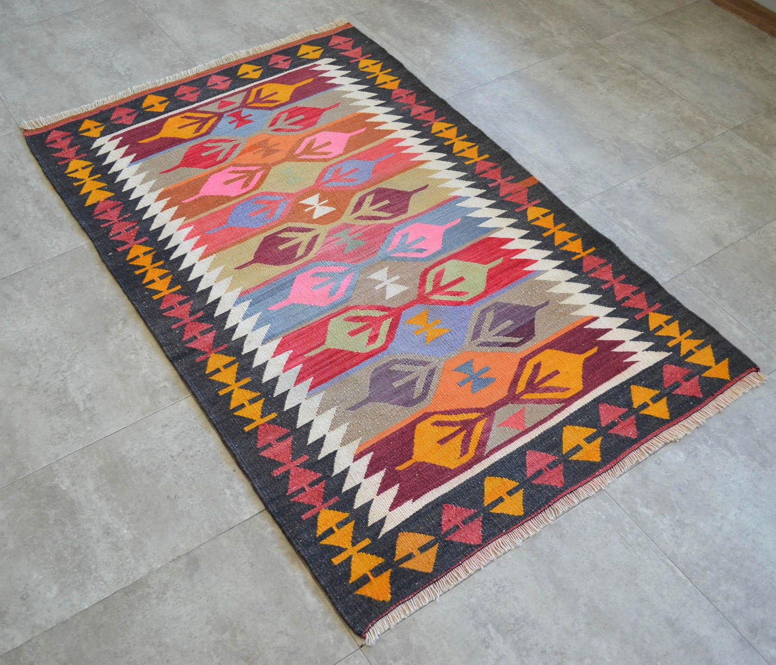 3x5 Ft Vintage Turkish Kilim Rug, Village Flat Weave, Natural Dyes, Multicolor Area Rug - 14