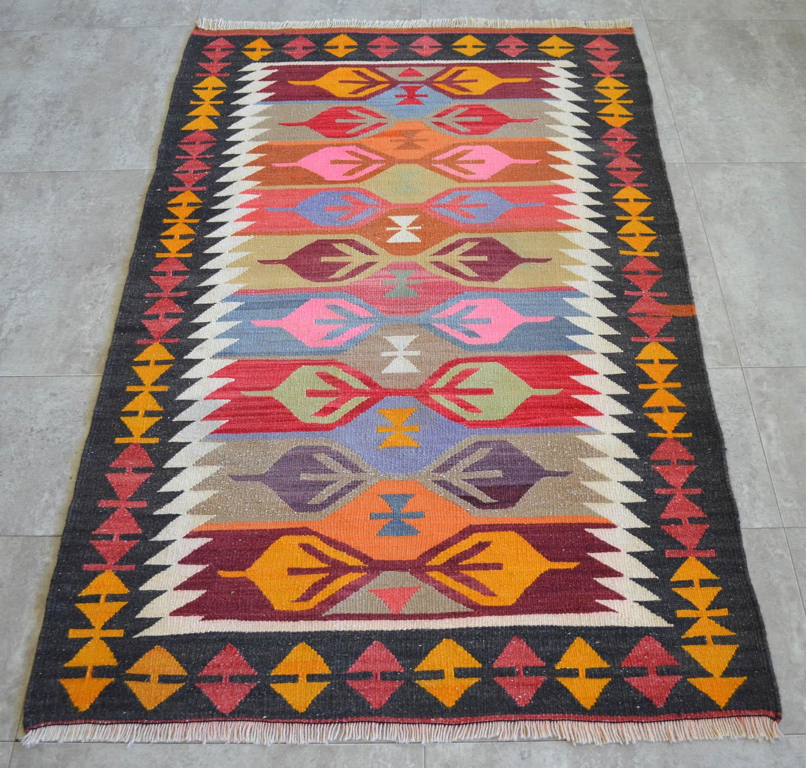 3x5 Ft Vintage Turkish Kilim Rug, Village Flat Weave, Natural Dyes, Multicolor Area Rug - 15