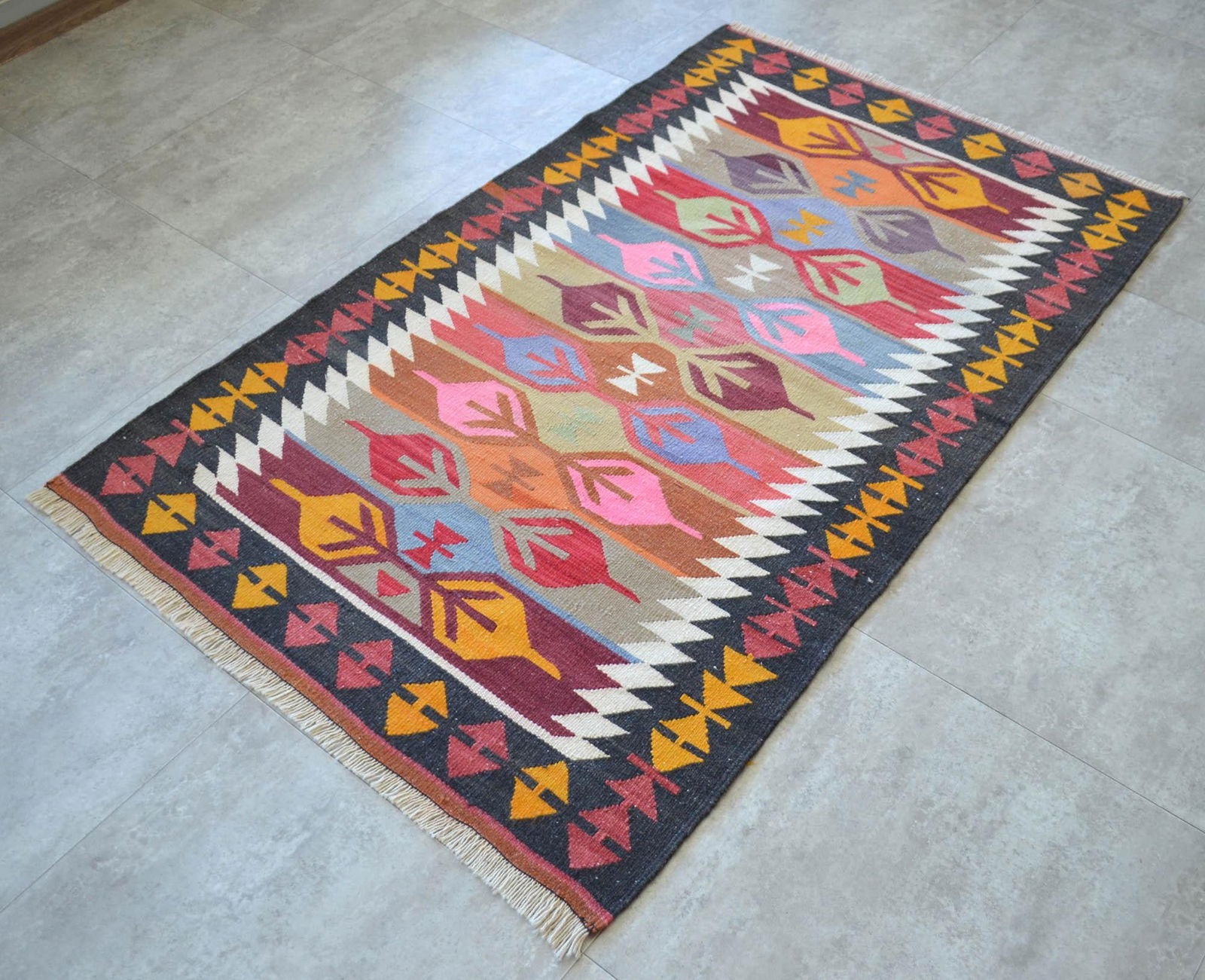 3x5 Ft Vintage Turkish Kilim Rug, Village Flat Weave, Natural Dyes, Multicolor Area Rug - 16