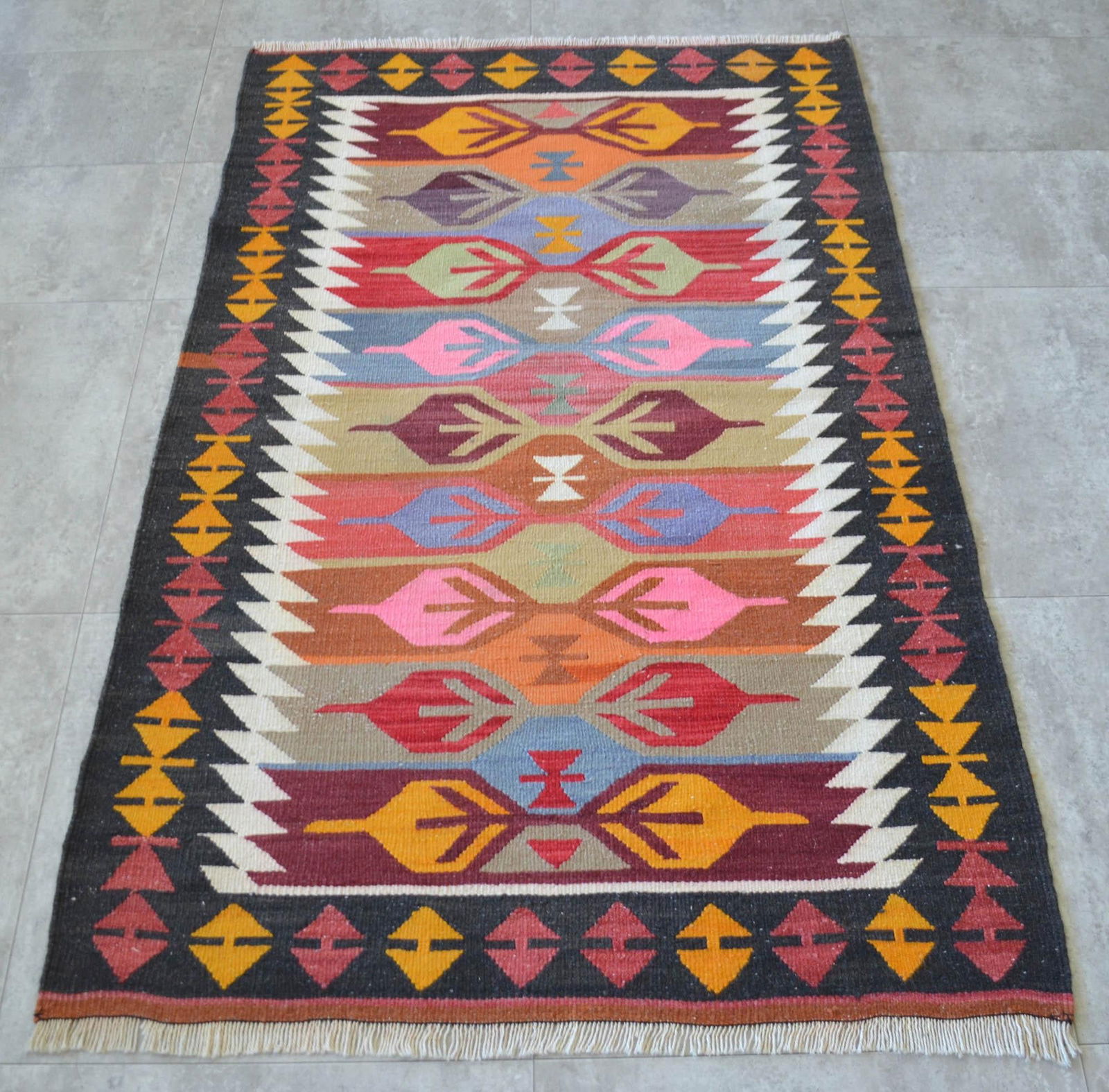 3x5 Ft Vintage Turkish Kilim Rug, Village Flat Weave, Natural Dyes, Multicolor Area Rug - 17