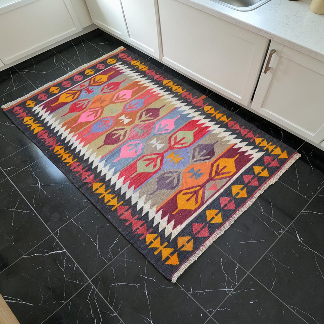 3x5 Ft Vintage Turkish Kilim Rug, Village Flat Weave, Natural Dyes, Multicolor Area Rug - 2