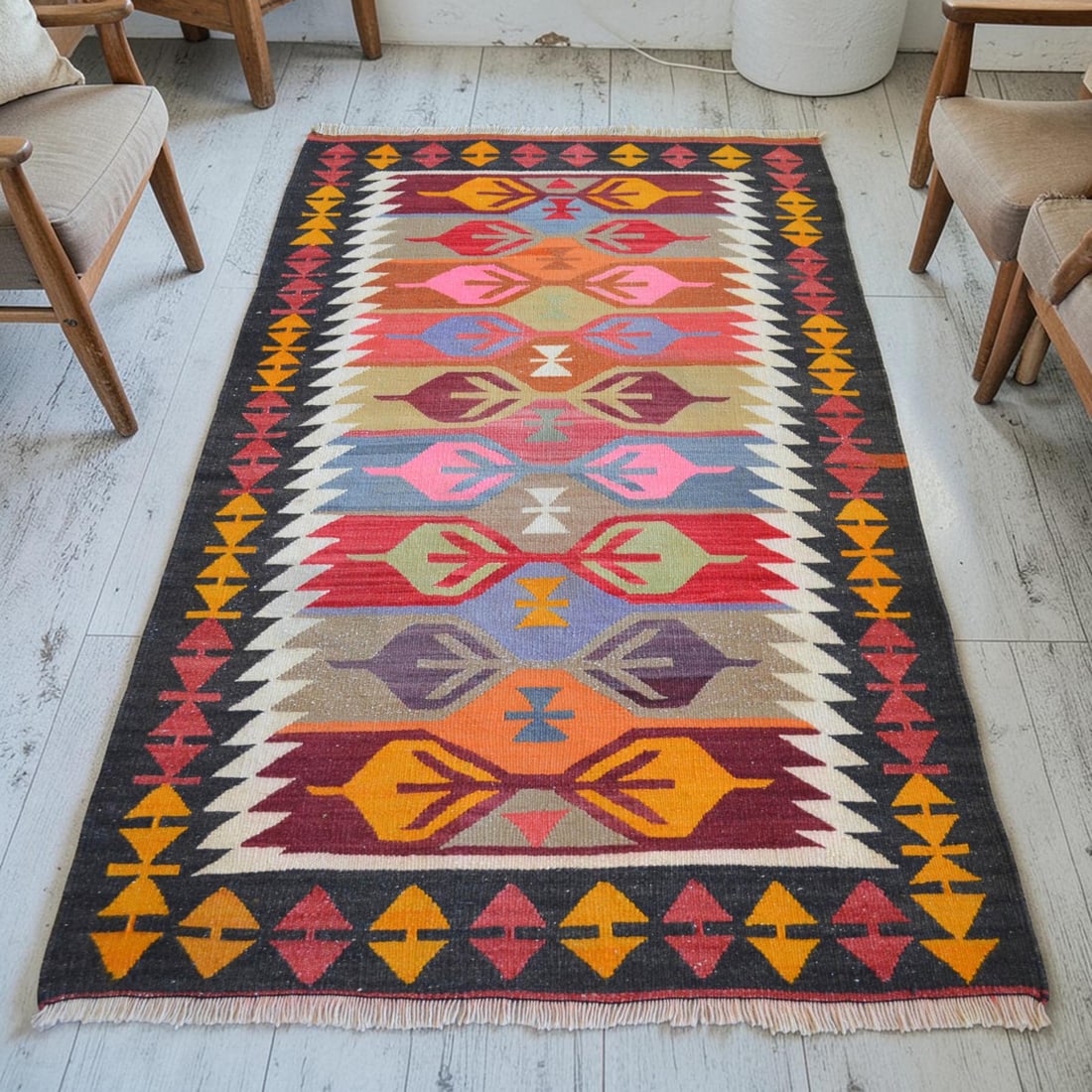 3x5 Ft Vintage Turkish Kilim Rug, Village Flat Weave, Natural Dyes, Multicolor Area Rug - 3