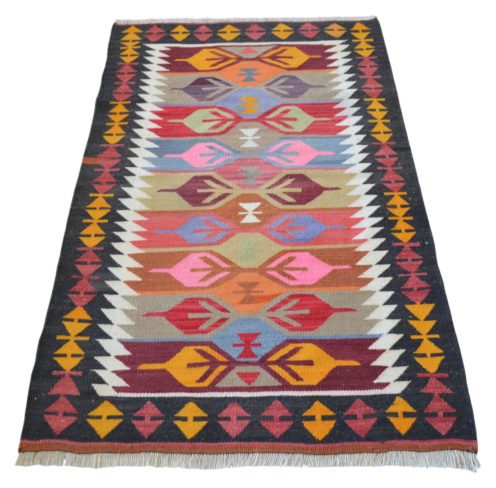 3x5 Ft Vintage Turkish Kilim Rug, Village Flat Weave, Natural Dyes, Multicolor Area Rug - 5