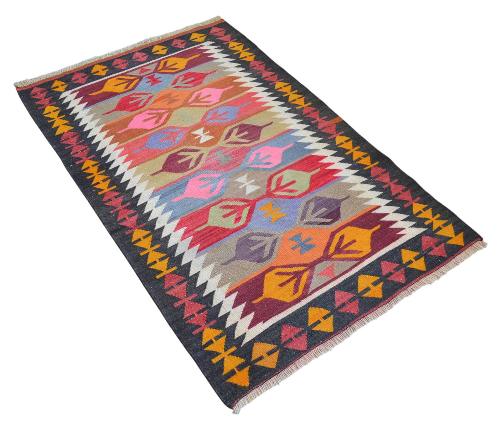 3x5 Ft Vintage Turkish Kilim Rug, Village Flat Weave, Natural Dyes, Multicolor Area Rug - 6