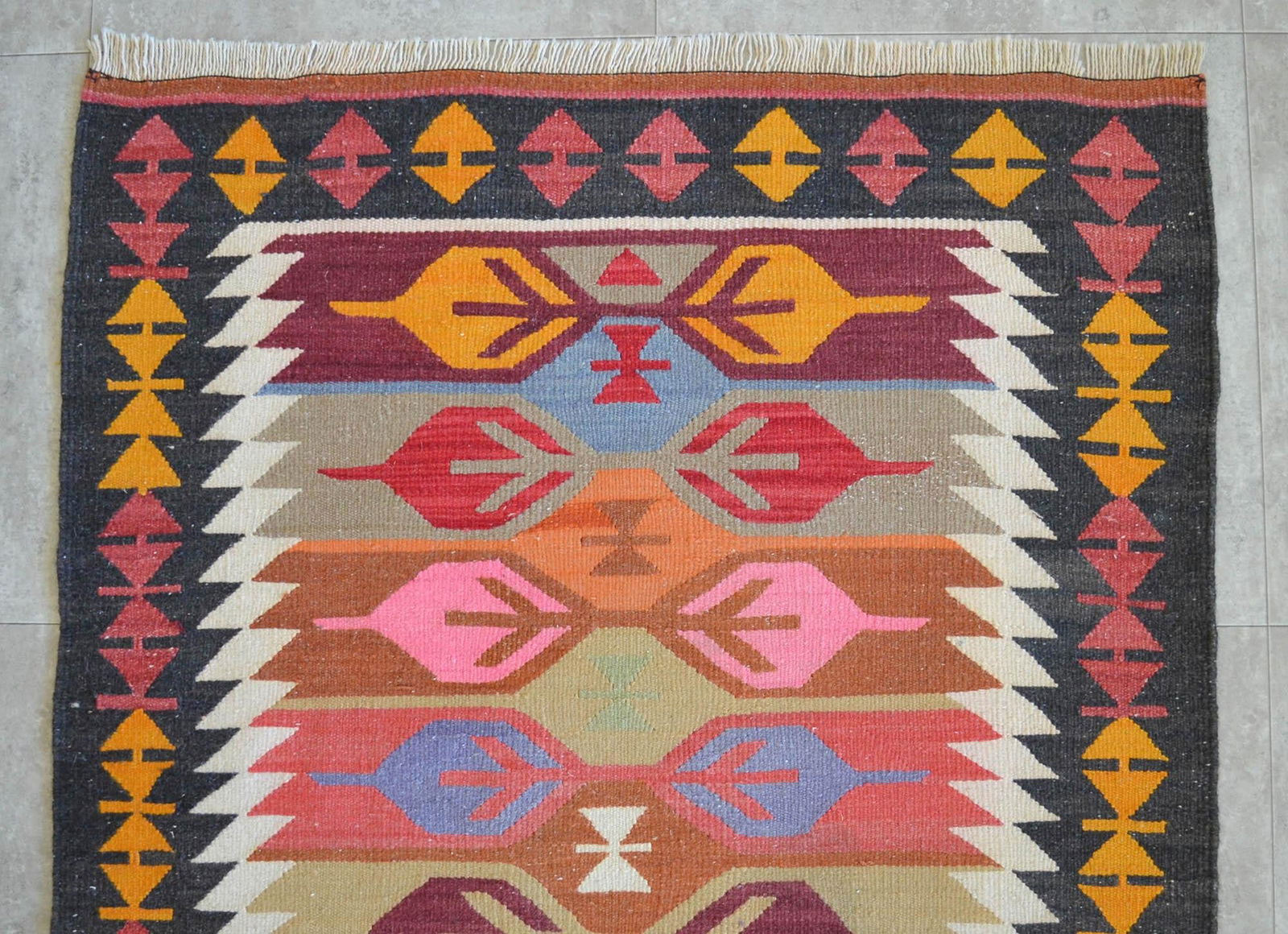 3x5 Ft Vintage Turkish Kilim Rug, Village Flat Weave, Natural Dyes, Multicolor Area Rug - 8