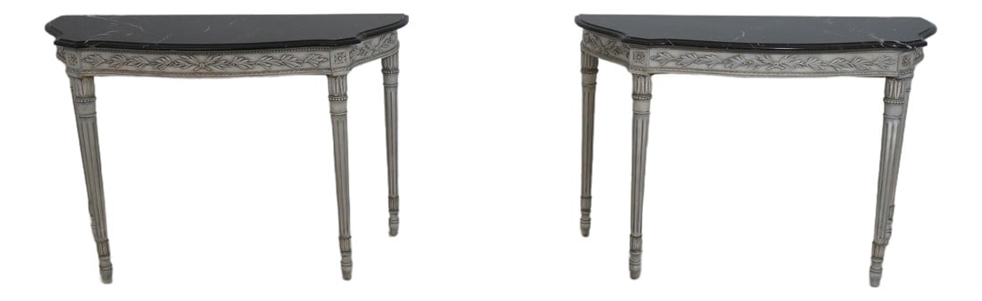 Pair Italian Made French Louis XVI Marble Top Console Tables: Age: Approx: 30 Years Old Details: Fine Carved Details High Quality Construction Painted Antique White/Gray Finish w. Subtle Gold Highlights French XVI Style Condition: Excellent Original Finish & Con