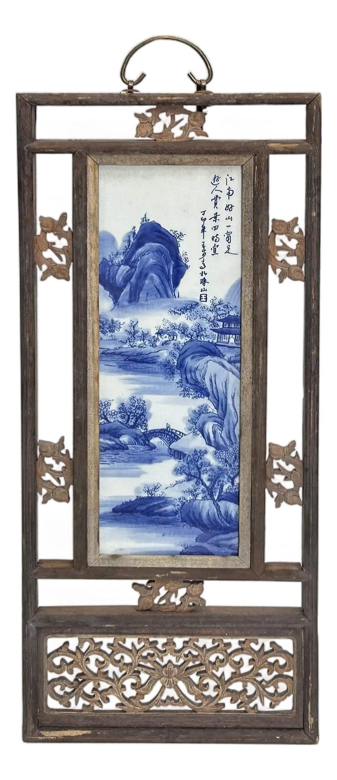 Vintage Chinese Wood Frame Porcelain Scenery Plaque Panel: This vintage Chinese wall art panel features a hand-painted blue and white porcelain plaque set within an intricately carved wooden frame. The central porcelain insert depicts a classic Shan Shui