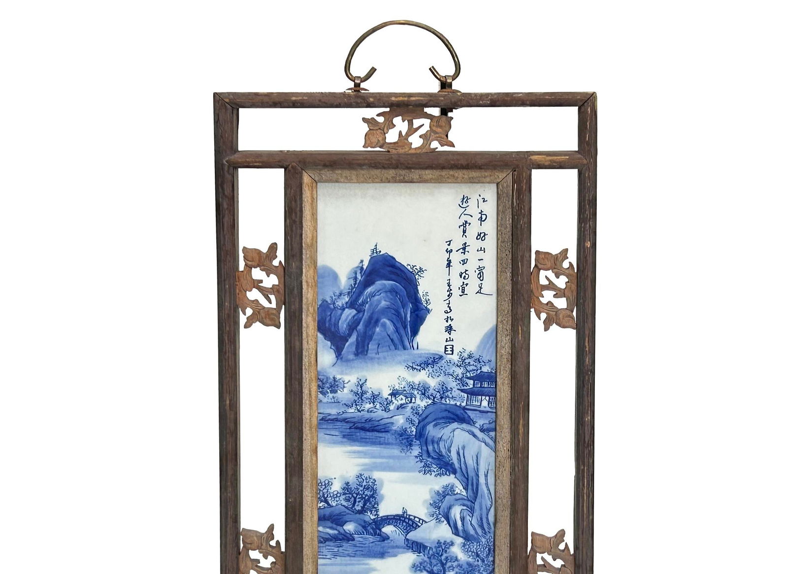 Vintage Chinese Wood Frame Porcelain Scenery Plaque Panel - 2