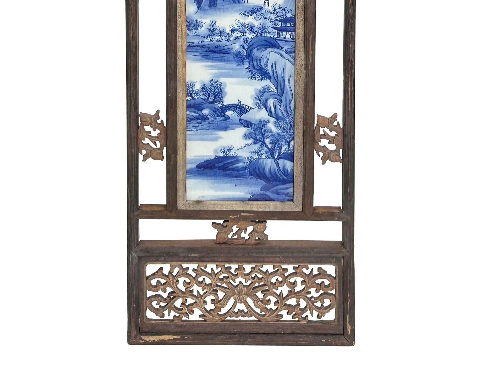 Vintage Chinese Wood Frame Porcelain Scenery Plaque Panel - 4