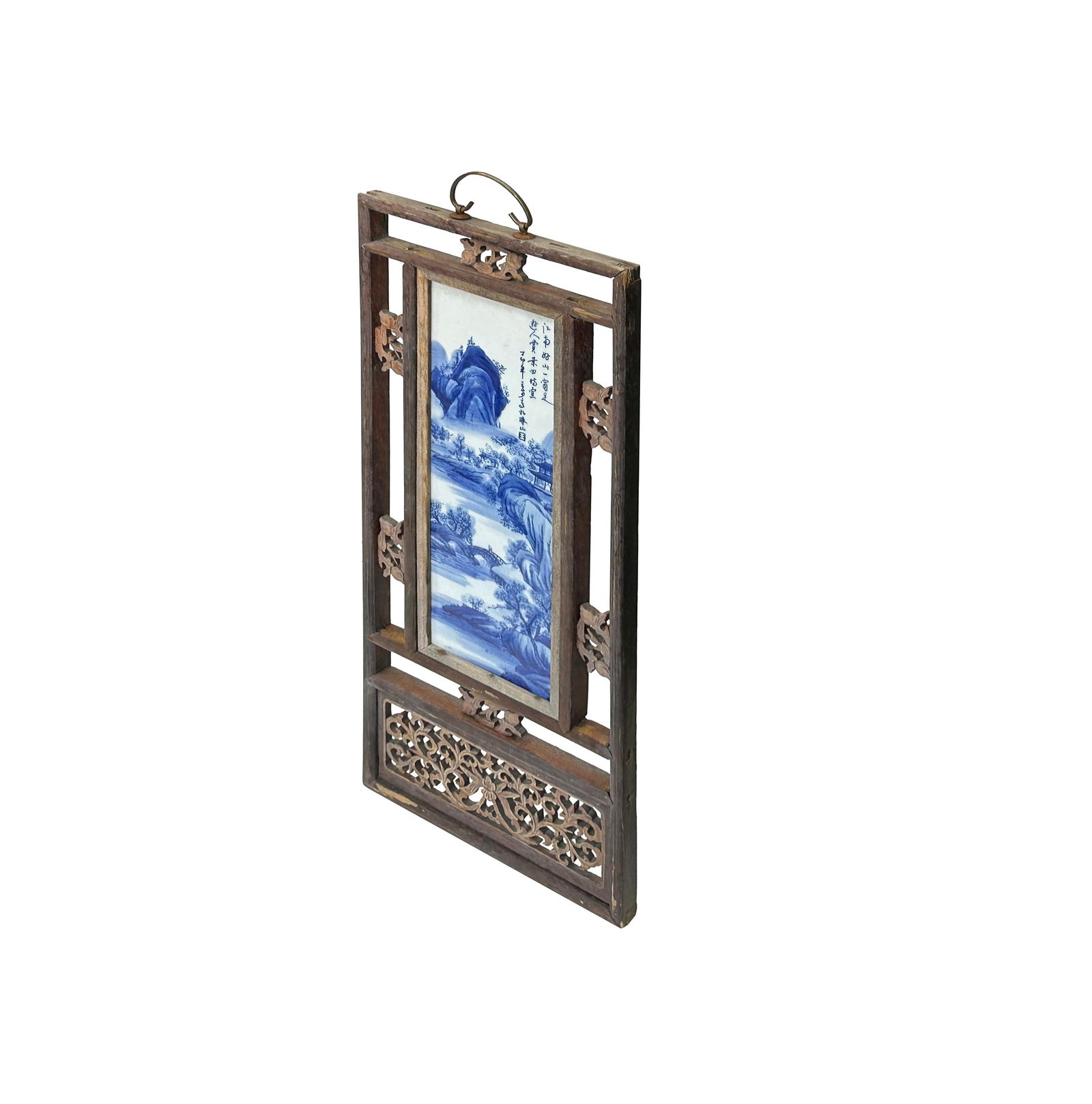 Vintage Chinese Wood Frame Porcelain Scenery Plaque Panel - 6