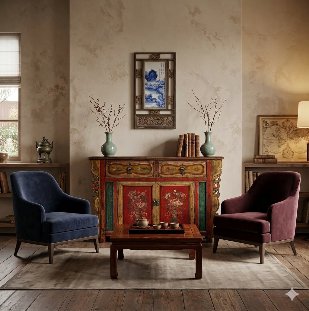 Vintage Chinese Wood Frame Porcelain Scenery Plaque Panel - 7