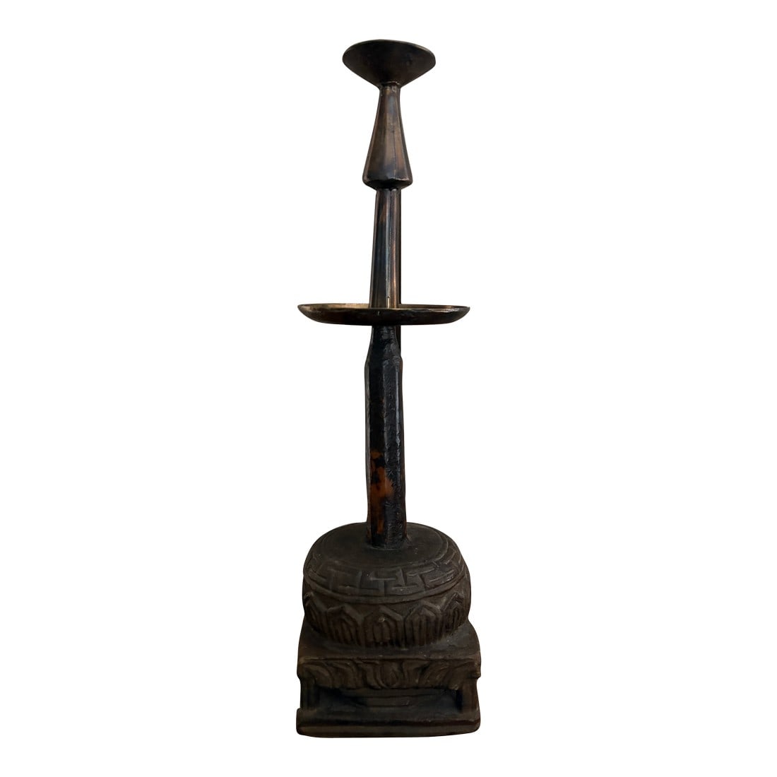 Late 19th Century Candle Holder in Wood, Metal and Stone Engraved Details: Rare Candleholder in Wood, Metal and Stone Engraved With Classical Details. possible made for an orthodox church for the kind of skinny candles. It was found in Greece Condition: Alterations: Original