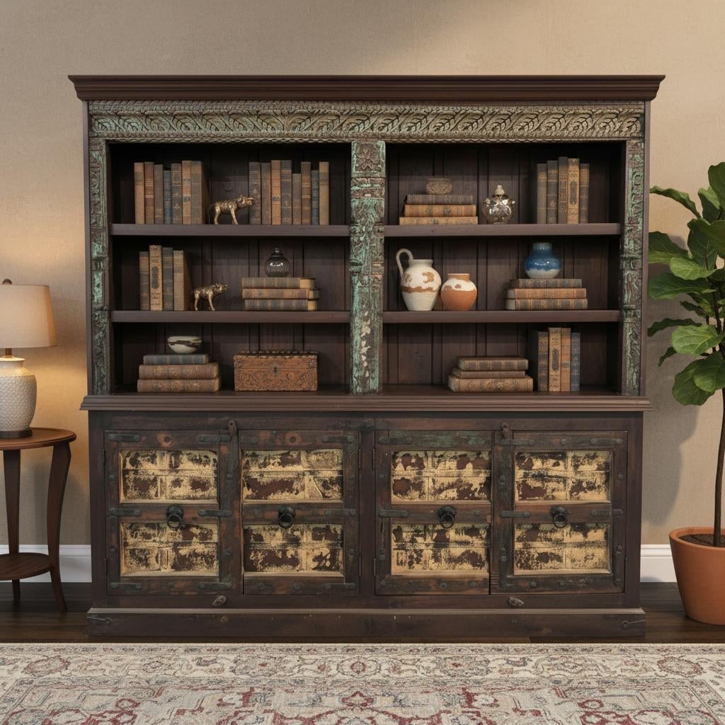 Farmhouse Style Antique Door & Carvings Repurposed 89" Wide Bookcase Sideboard - 2