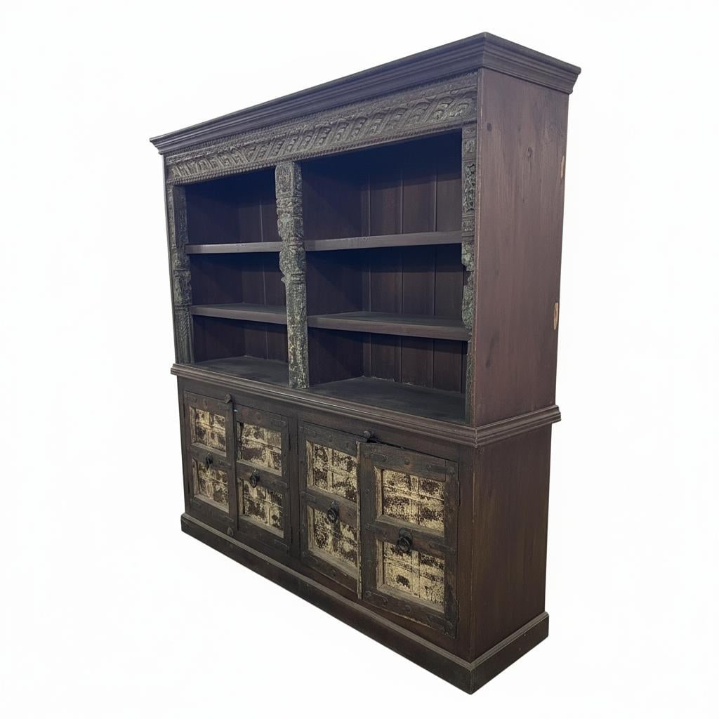 Farmhouse Style Antique Door & Carvings Repurposed 89" Wide Bookcase Sideboard - 3