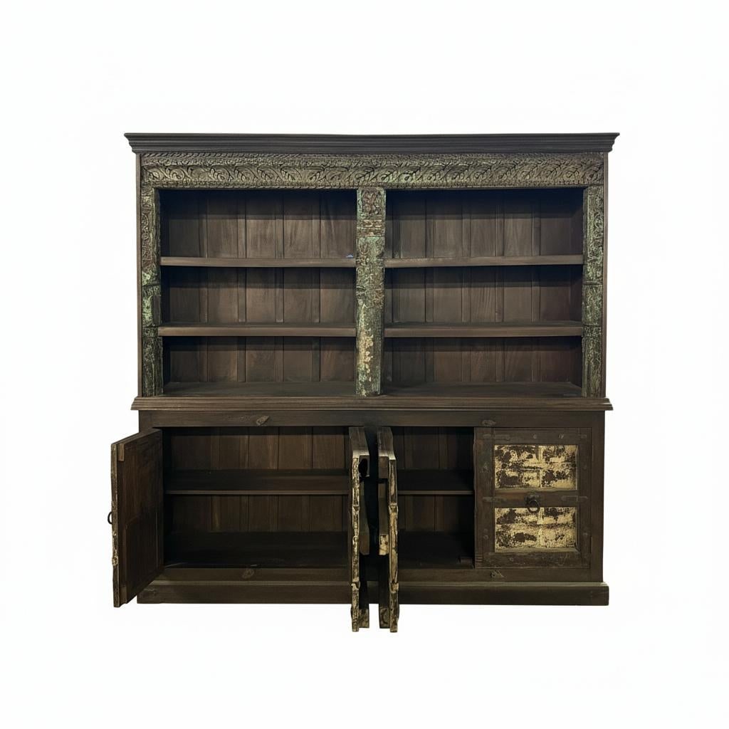 Farmhouse Style Antique Door & Carvings Repurposed 89" Wide Bookcase Sideboard - 4